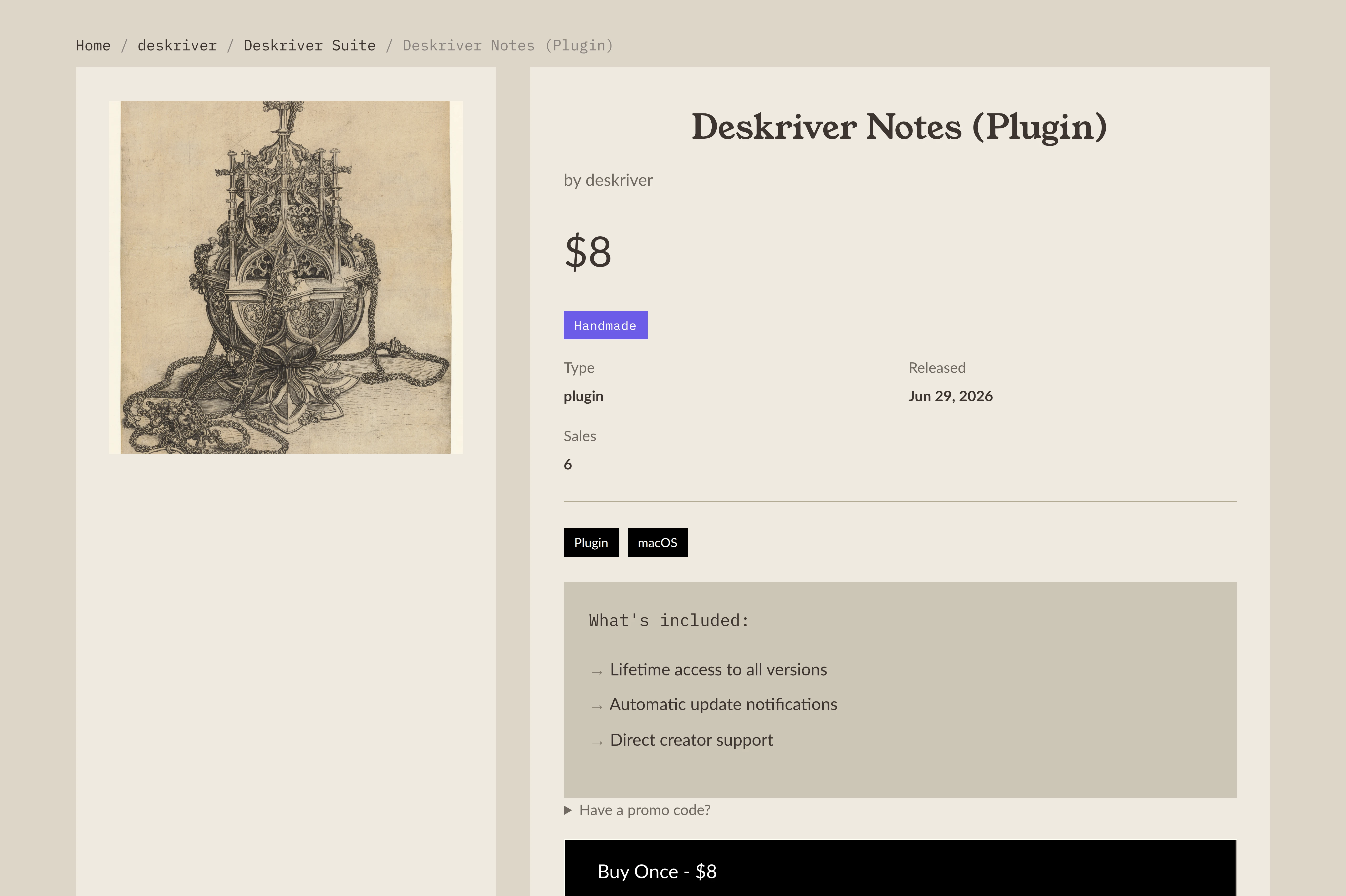 An item page showing its cover art, an $8 price, and a buy button, beside what the purchase includes