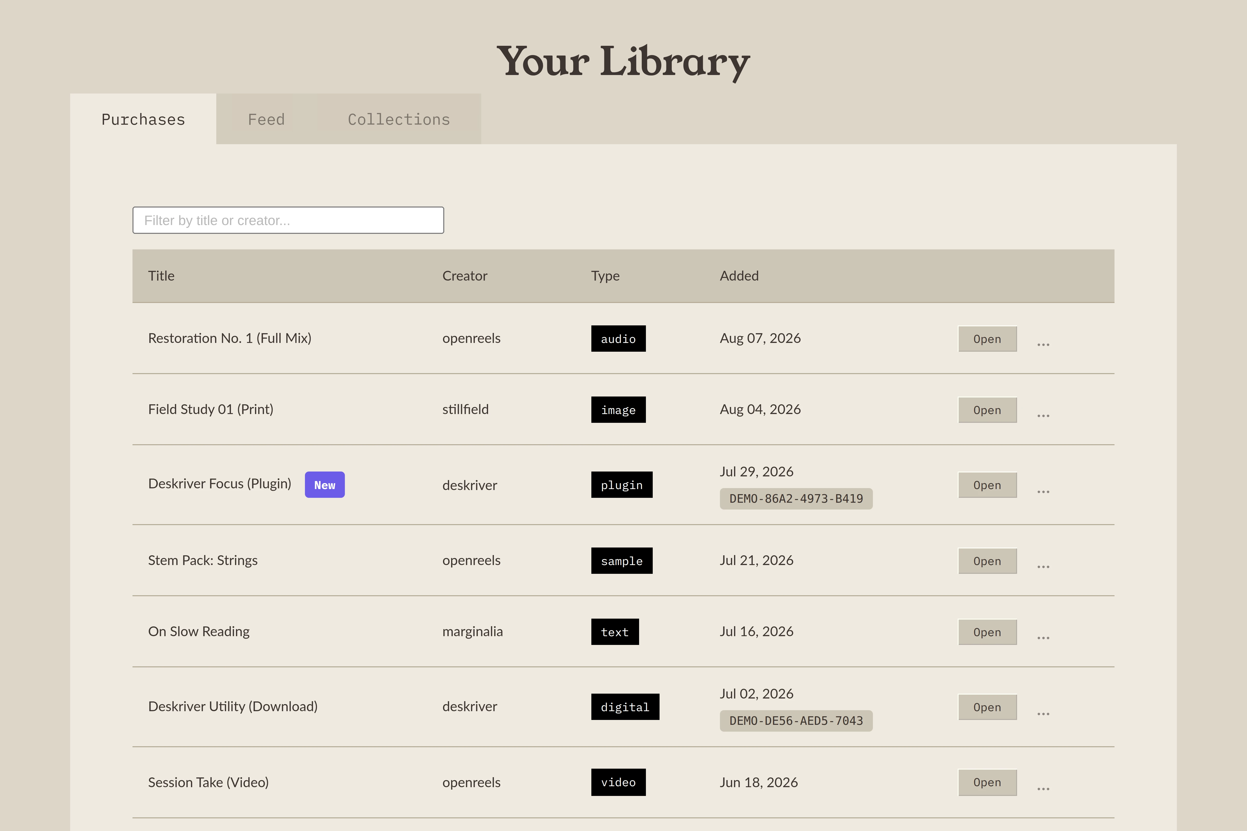 A buyer's library listing what they have bought, each row with its creator, type, purchase date and a button to open it