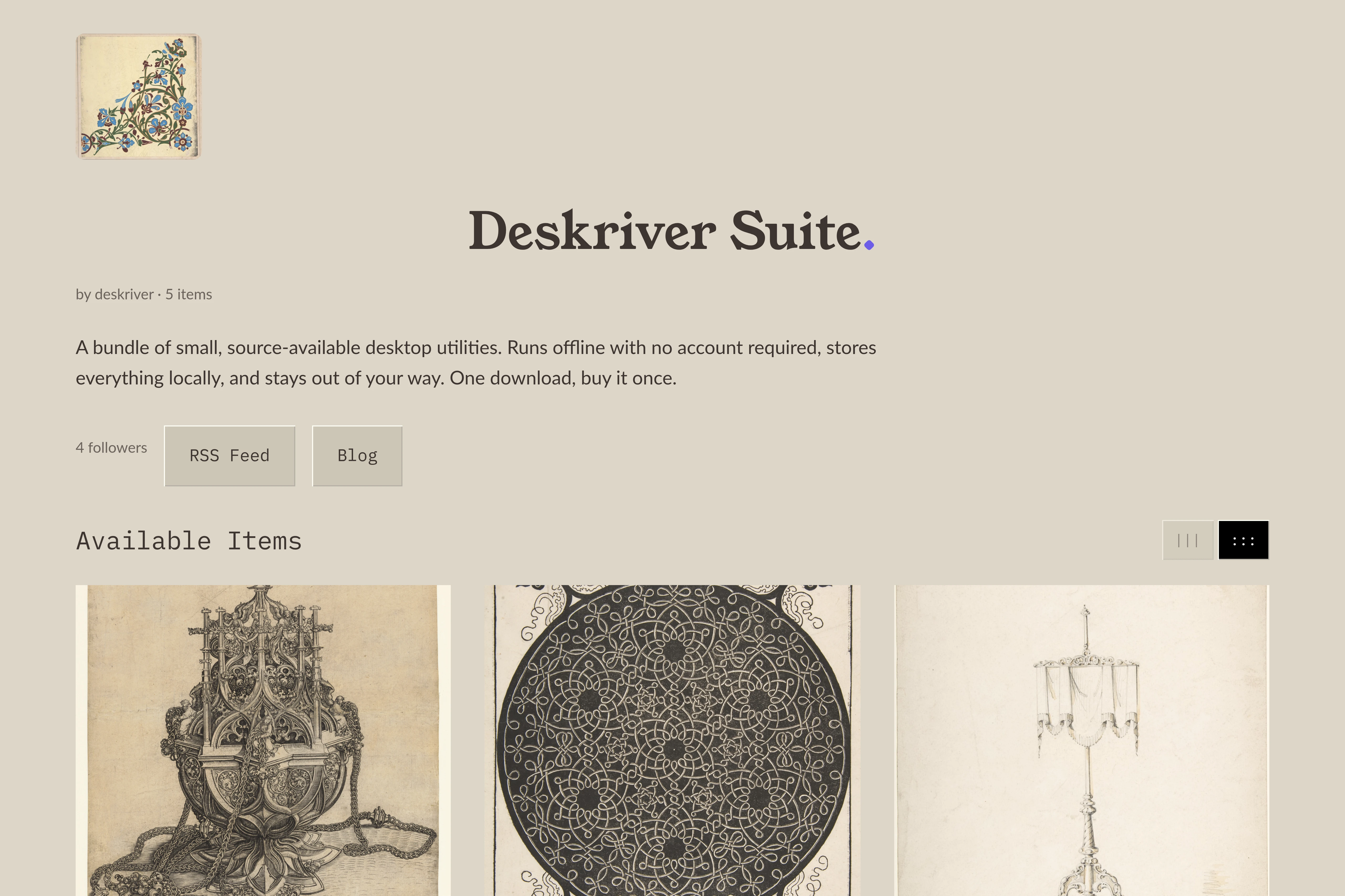 A creator's storefront on Makenotwork, titled and described, above a row of their work in cover art